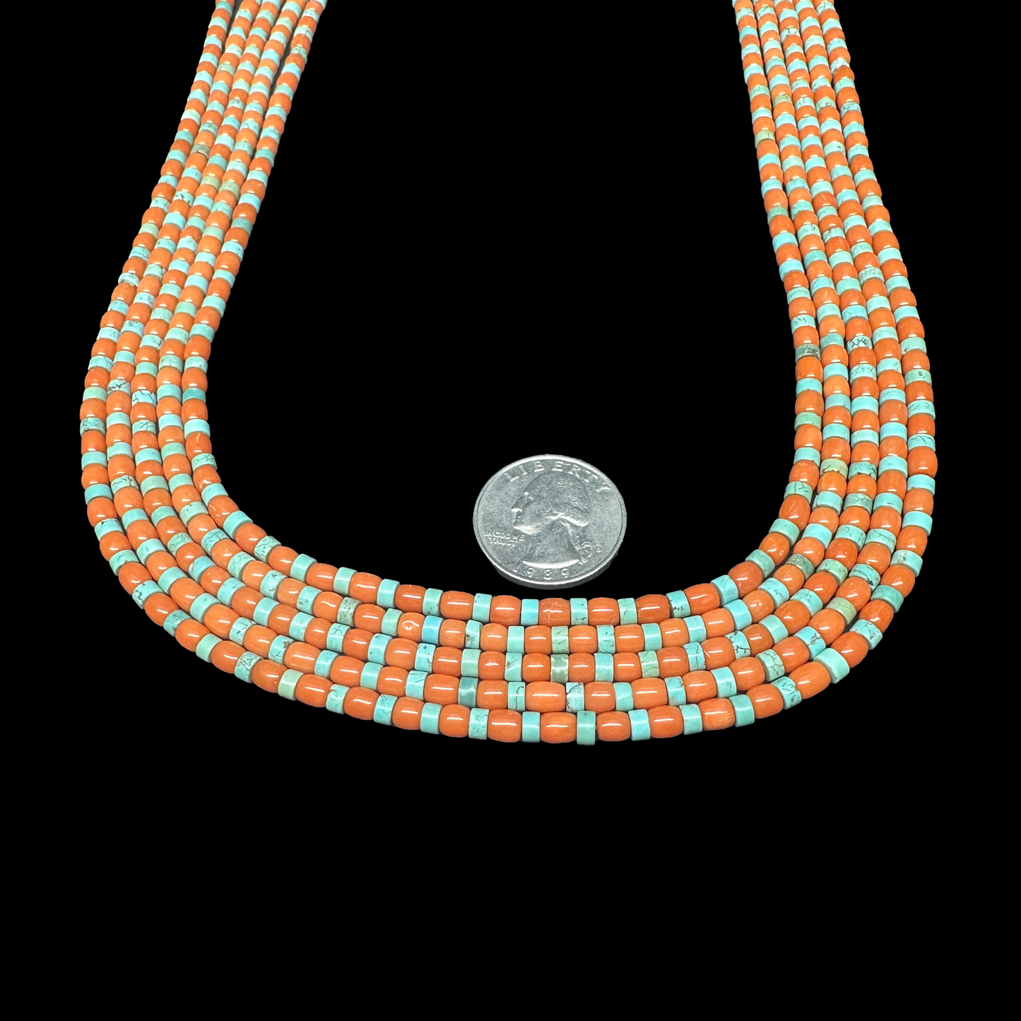 Five Strand Coral Barrels & Turquoise Heishi Necklace