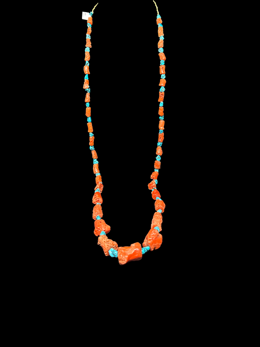 Mediterranean Coral Necklace with Turquoise Nugget Spacers