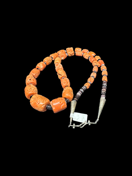 Mediterranean Coral Barrel Necklace with Shell Heishi