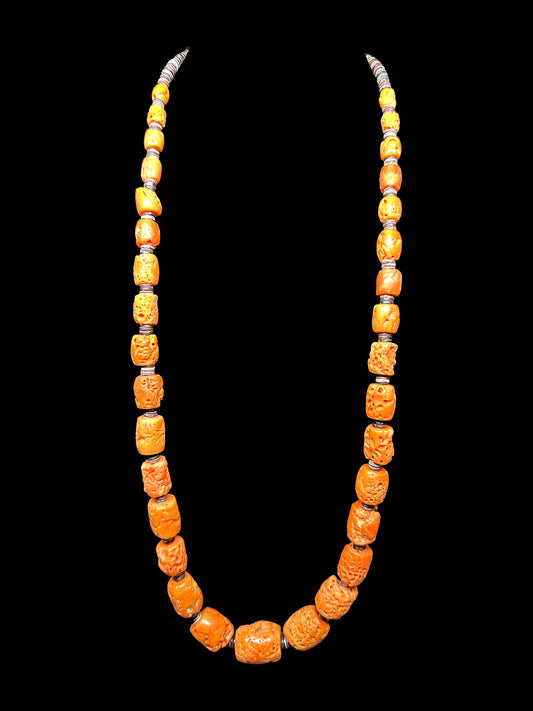 Mediterranean Coral Barrel Necklace with Shell Heishi