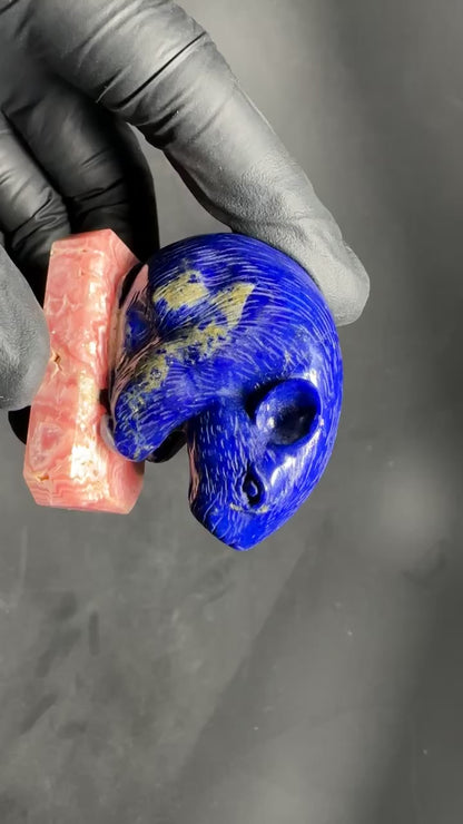 Lapis Carving with Rhodochrosite base